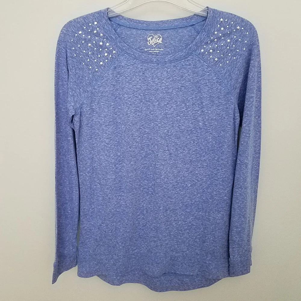 Justice Girls Long‎ Sleeve Blue Embellished Top Shirt New